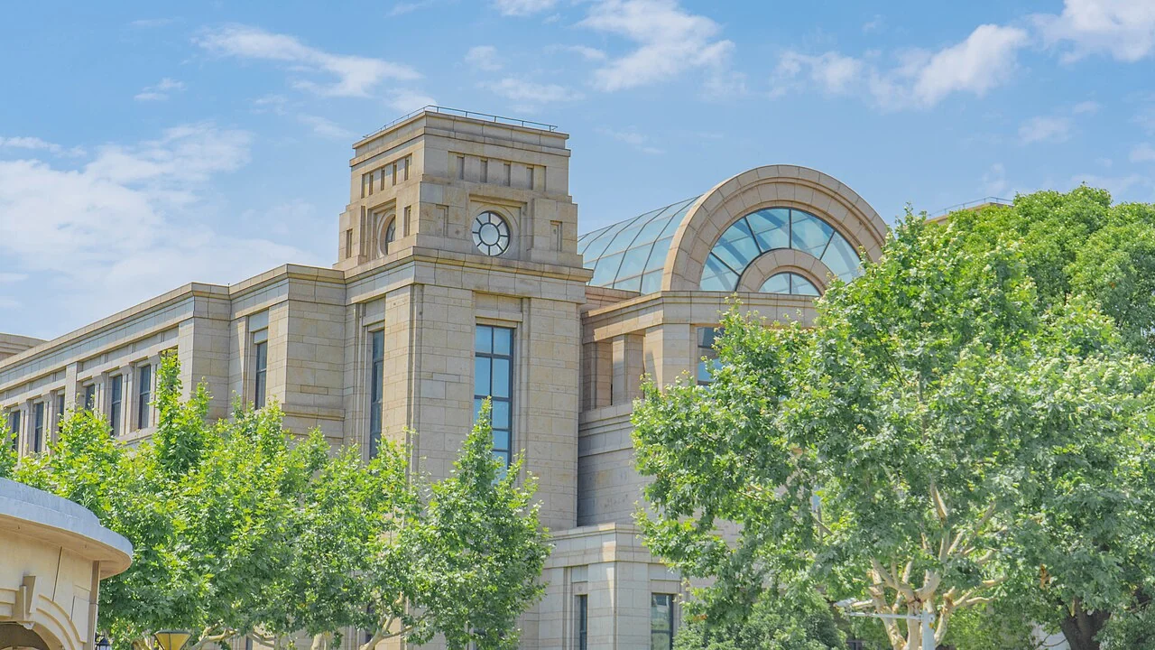 Clock tower and arched building on Fudan University Jiangwan Campus